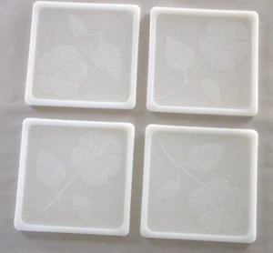 4 Vintage Embossed Milk Glass Tiles Trivets 5-5/8" x 5-5/8" X 3/8" - Picture 1 of 6