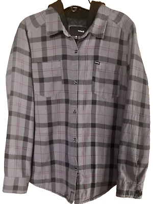 Chaqueta HURLEY para mujer gris medio negra fucsia a cuadros acolchada franela con capucha Foto 1 de 4