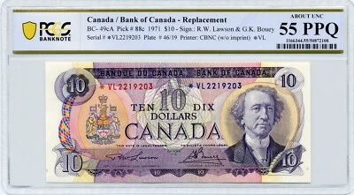 1971 $10 *V/L REPLACEMENT NOTE - Bank of Canada, BC-49cA - PCGS About UNC 55 PPQ - Image 1 of 2