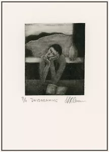 DAYDREAMING Thinking PERSON FIGURE. ORIGINAL Impressionist MEZZOTINT signed - Picture 1 of 1