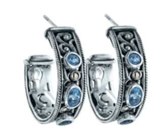 Robert Manse Designs Sterling Silver & 18K Yellow Gold Blue Topaz Hoop Earrings - Picture 1 of 5