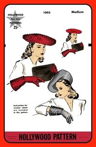 Wide BERET w GLOVES Pattern Sew or Crochet Hollywood 1003 Vtg 1940's Size 22" - Picture 1 of 6