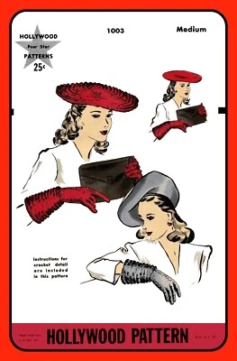 Wide BERET w GLOVES Pattern Sew or Crochet Hollywood 1003 Vtg 1940's Size 22" - Image 1 of 4