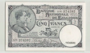BELGIUM 5 Francs 1938, P-108a (09-05-38), S16 374597, Original Crisp AU. B3 - Picture 1 of 2