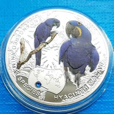 Zambia 1000 kwacha 2014 UNC Hyacinth Macaw Parrot Silver Plated Colorized Coin Cover