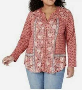 Style & Co Mixed Print Coral Floral Button Front Long Sleeve Blouse 0X New T3 - Picture 1 of 11