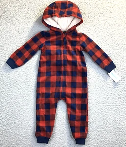 Carter's Baby Boy Hooded 18 Mos Jumpsuit Outfit Rust Navy Plaid Soft Fleece NWT - Picture 1 of 5