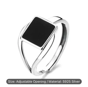 Anello Fibbia Ferro di Cavallo Argento Sterling - Pietra Quadrata Nera, Regolabile, Trendy - Foto 1 di 8
