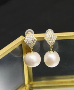 D17 Orecchini Rombo con Zirconia Perla 925 Argento Sterling Placcato Oro - Foto 1 di 4