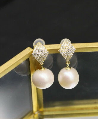 D17 Orecchini Rombo con Zirconia Perla 925 Argento Sterling Placcato Oro - Immagine 1 di 4