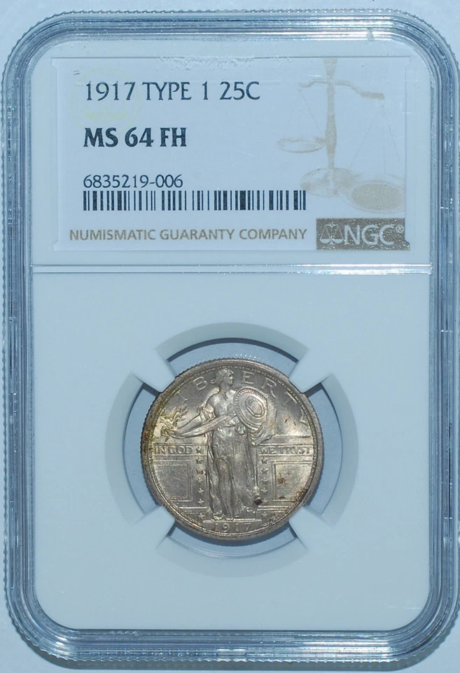 1917 NGC MS64FH Full Head Type 1 T1 Standing Liberty Quarter 25c - Image 1 of 2