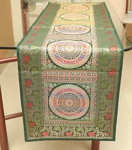 Green Mandala Silk Brocade Table Runner Kitchen Wedding Decorative Wall Hanging - Picture 1 of 11