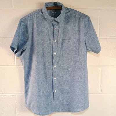 FLX Button Up Short Sleeve Shirt Mens LARGE Blue SLIM Urban Commuter Stretch - Image 1 of 4