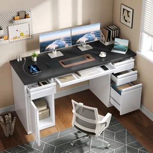 57 Inch 5 Drawers Executive Desk Computer Desk with File Cabinet & Power Outlets - Picture 1 of 18