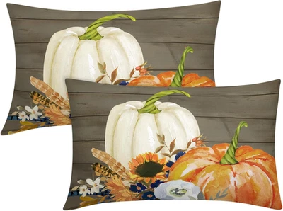 Fundas de almohada lumbar blanco naranja calabaza otoño 12x20 pulgadas hoja de girasol madera De Foto 1 de 4