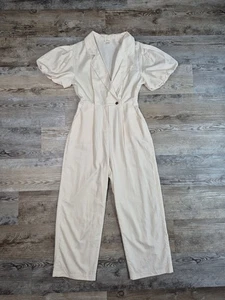 Mono mameluco de mezcla de algodón Lena para mujer manga abullonada beige pantalón traje mediano - Imagen 1 de 13