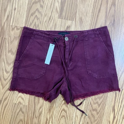 Sanctuary Linen Kenya Shorts Womens 28 Raw Hem Burgundy Drawstring - Image 1 of 4