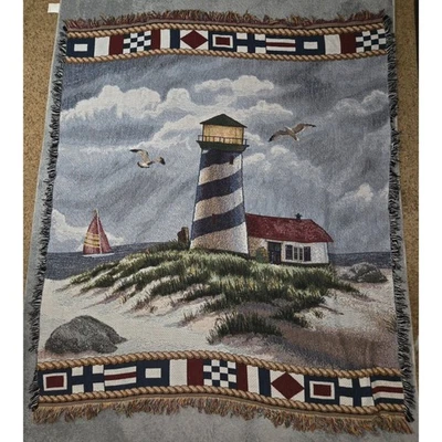 Mowhawk Home Nautical Lighthouse Beach Scene Coastal Seaside Tapestry Decor - Image 1 of 4
