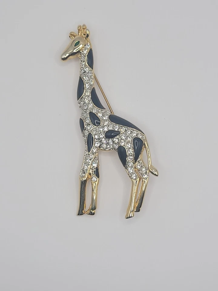 Broche Vintage Jirafa Animal Negro Blanco Cristal Tono Dorado Joyería Disfraz Foto 1 de 4