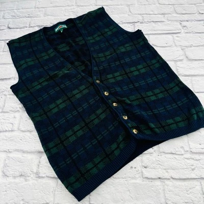 AMERICAN EAGLE Men's Plaid Preppy Grandpa Vest Large Green/Blue 100% Cotton - Image 1 of 4