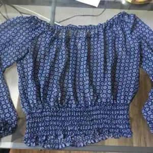 MICHAEL KORS Printed Top Blouse Smocked Long Sleeve Cold Shoulder Chiffon Blue M - Picture 1 of 10