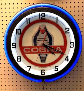 19" Blue COBRA Snake Double Neon Carbon Fiber Like Clock Shelby Mustang - Picture 1 of 2