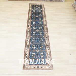 2.5x12ft Handwoven Silk Carpet All-Over Hallway Rug Runner Blue Carpet 242AB