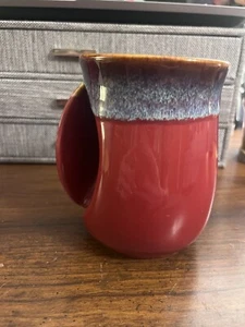 Selamica Porcelain 18oz Left-handed Handwarmer Coffee Mug Red w/Blue Drip Glaze - Picture 1 of 8