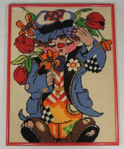 Red Framed Without Glass Wool Needlepoint Tapestry Petit Point Clown 12x16 EUC Cover