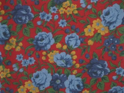 Faye Burgos Marcus Brothers Blue Rose Floral on Red Cotton Fabric 45" x 36" wide - Image 1 of 4