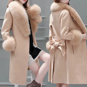 Women Slim Woolen Coat with Big Fur Collar Jacket Winter Warm Long Parka Outwear - Picture 1 of 7
