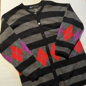 Vintage Lambswool Angora Cardigan Size Large Gray Black Red - Picture 1 of 14
