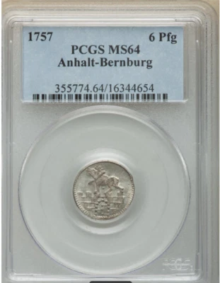 1757 6 Pfennig Anhalt-Bernburg MS64 PCGS top pop, none higher - Image 1 of 4