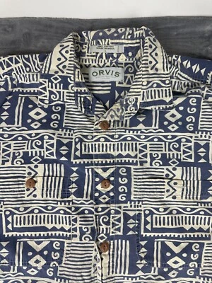 VTG Orvis Aztec Button Up Shirt Mens L Blue Tan Cotton Tribal Geometric Vacation - Image 1 of 4