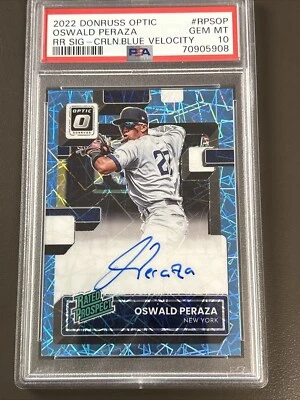 2022 Optic Oswald Peraza Rated Prospect Carolina Blue Velocity Prizm PSA 10 - Image 1 of 2