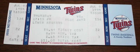 Minnesota Twins Ticket Stub | July 7 1994 | Paul Molitor Hit Kirby Puckett HR Cover