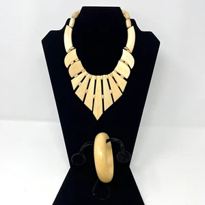 Mid Century Wood Bib Statement Necklace & Wood Bangle Bracelet Jewelry Tribal - Picture 1 of 11
