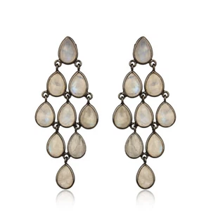 Black Rhodium 925 Silver Wedding Designer Chandelier Moonstone Earrings - Picture 1 of 3