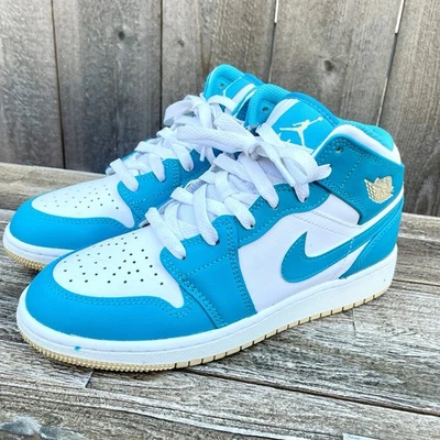 Nike Air Jordan 1 Mid GS White & Blue Leather Sneakers Youth 4.5Y DQ8423-400 - Image 1 of 4