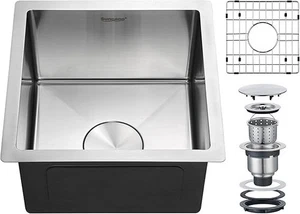 Fregaderos de barra de montaje inferior de acero inoxidable calibre 18 de 15" L x 15" W x 9” H con rejilla de enjuague - Imagen 1 de 7