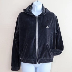 Adidas Damen Velour Hoodie Jacke schwarz Y2K 2000s Full Zip drei Streifen L - Bild 1 von 12