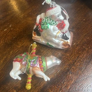 VTG Glass Hand Blown Christmas Ornaments Polar Bear Carousel & Sled W/Penguins - Picture 1 of 12