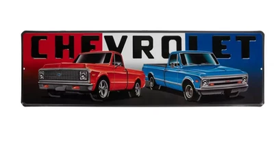 Letrero metálico Chevrolet rojo, blanco y azul camionetas años 70 8x24 Foto 1 de 2