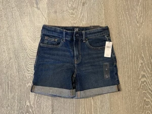 NWT Gap Kids Girls Denim Midi Shorts Dark Wash Blue Size 10 Adjustable Waist - Picture 1 of 6