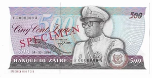 ZAIRE  1984  500  ZAIRES  SPECIMEN  P-30-S  UNC - Picture 1 of 2