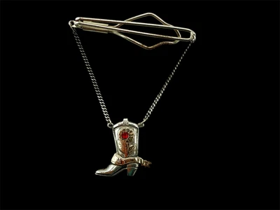 Vintage Sterling 10K Southwestern Tie Clip Bar Floral Red Stone Stud Cowboy Boot - Image 1 of 4