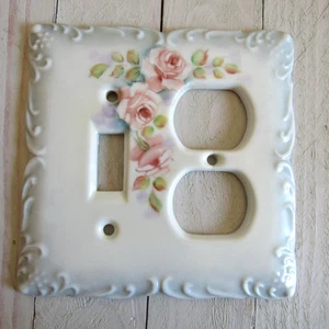 Coperchio interruttore e presa singolo combinazione porcellana vintage accento blu con rose rosa - Foto 1 di 3
