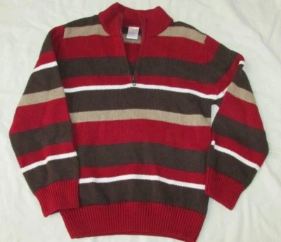 Boys Gymboree brown tan red wide striped sweater holiday 5-6 pullover 1/4 zip - Image 1 of 4