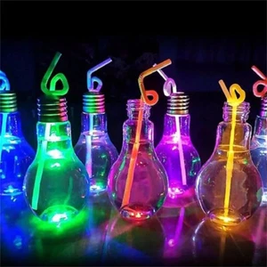 1 Flashing LED Light Bulb Cup Party Drinks with Straw & Sealing Caps - Picture 1 of 14