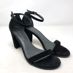 Stuart Weitzman Nearly Nude Strappy Block Heels Womens 9 Black Suede Ankle Strap - Picture 1 of 14